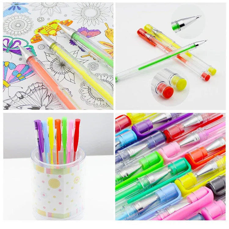 Set of 100 gel pens with watercolour effect, showing assorted colours and two tip sizes (0.5mm and 1mm) on a 15cm plastic body.