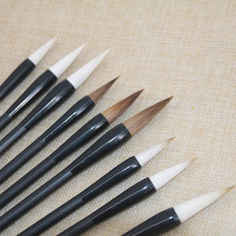 Student calligraphy brush with steel handle, showing kanhao nib and natural hair bristle options.