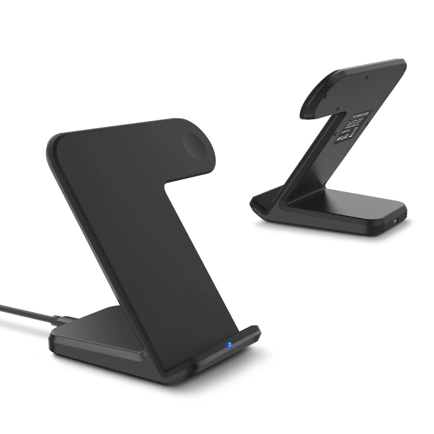 Black and white wireless phone charger with Type-C cable on a desk.