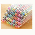 Set of 100 gel pens with watercolour effect, showing assorted colours and two tip sizes (0.5mm and 1mm) on a 15cm plastic body.