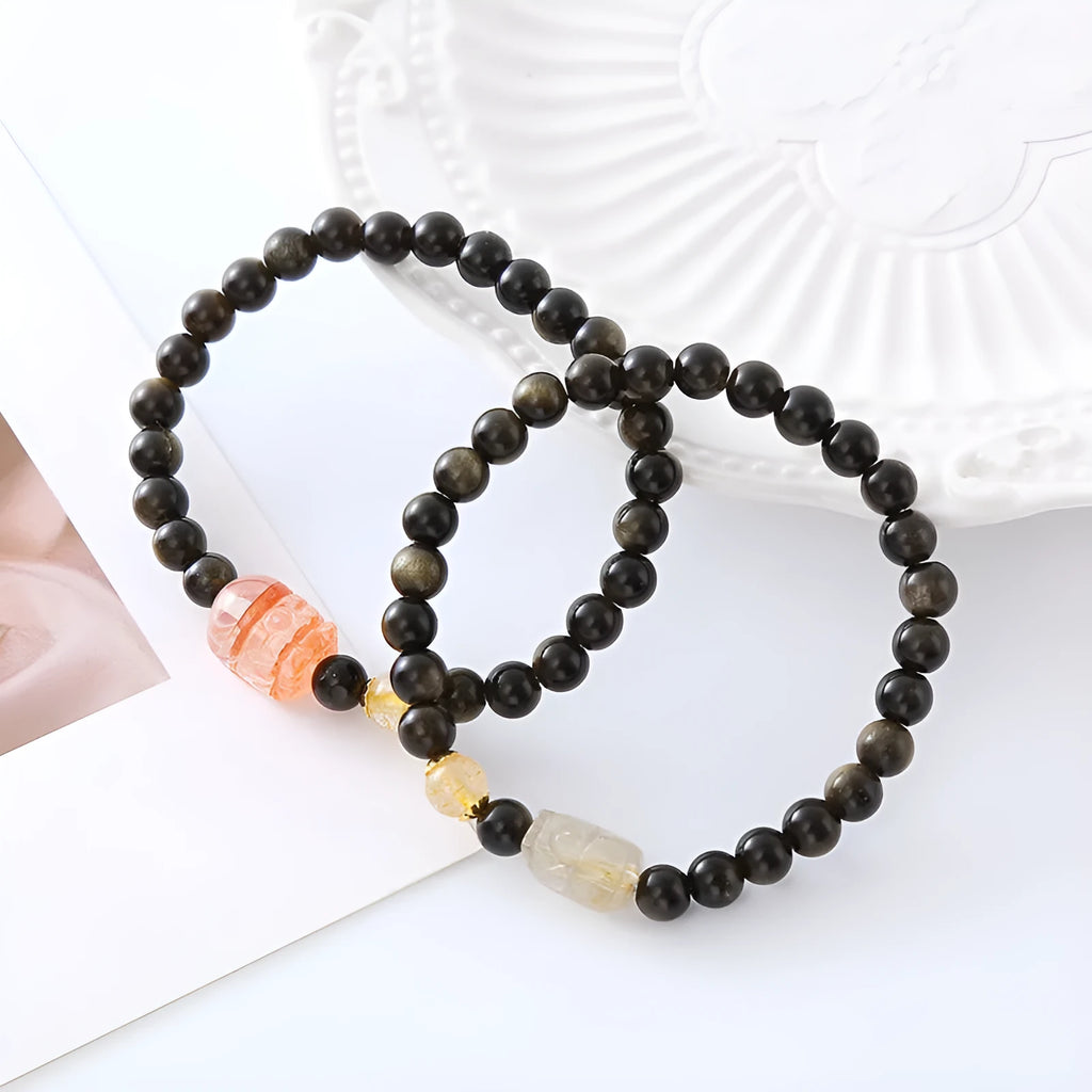 Handmade natural obsidian pi xiu bracelet with retro ethnic style, gold obsidian or red flower colour options