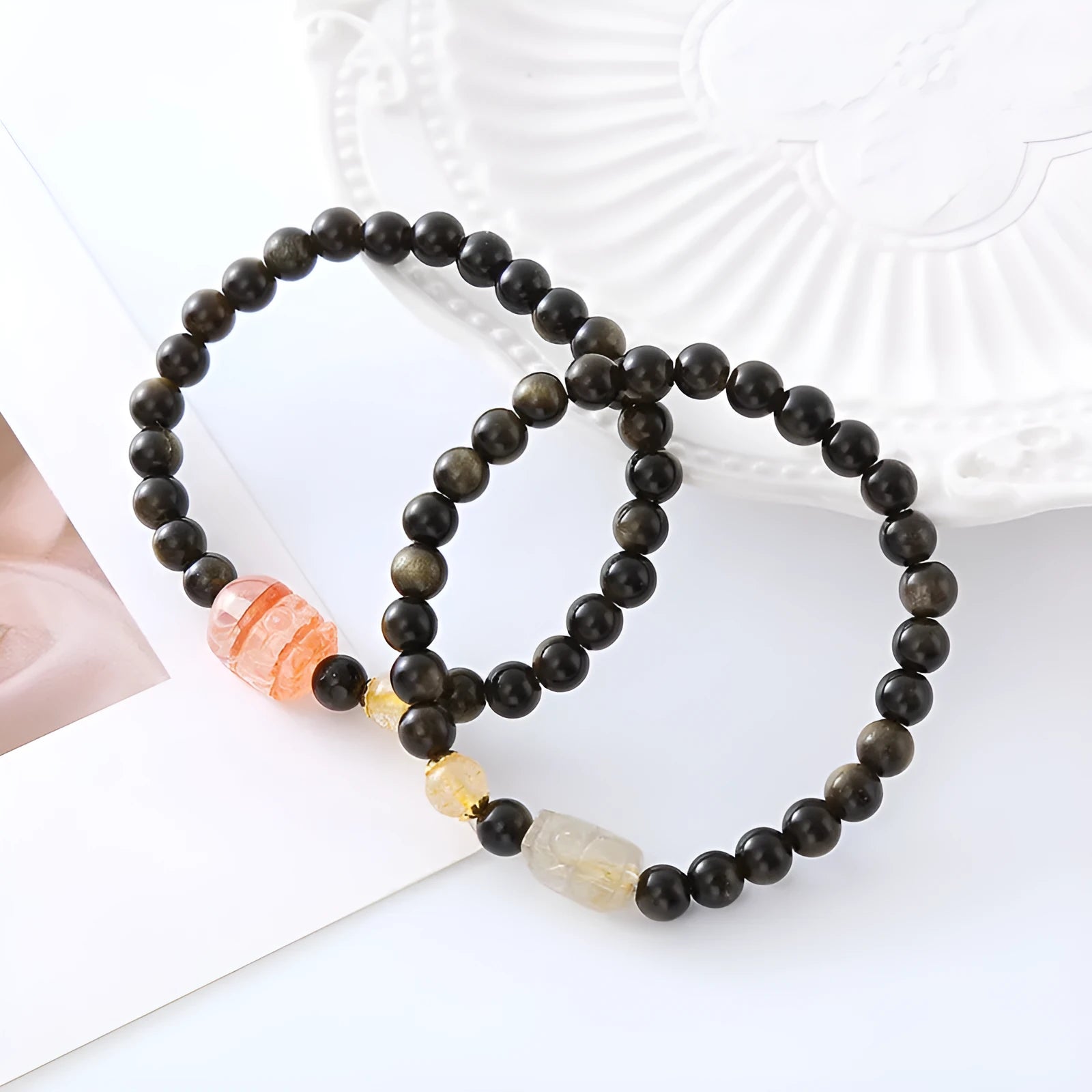 Handmade natural obsidian pi xiu bracelet with retro ethnic style, gold obsidian or red flower colour options