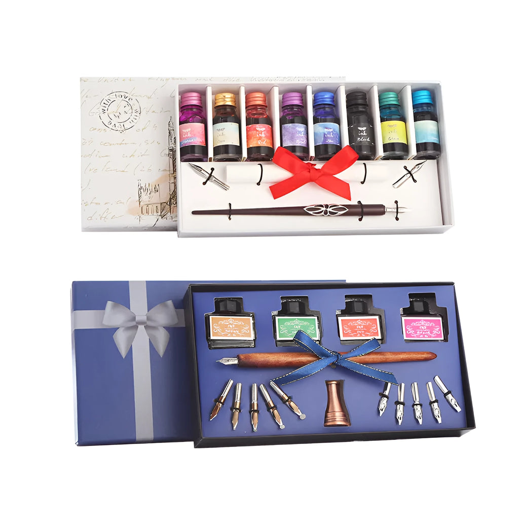 Wooden gift box open to show a dip pen, bottles of coloured ink, spare nibs, and a standing pen holder.