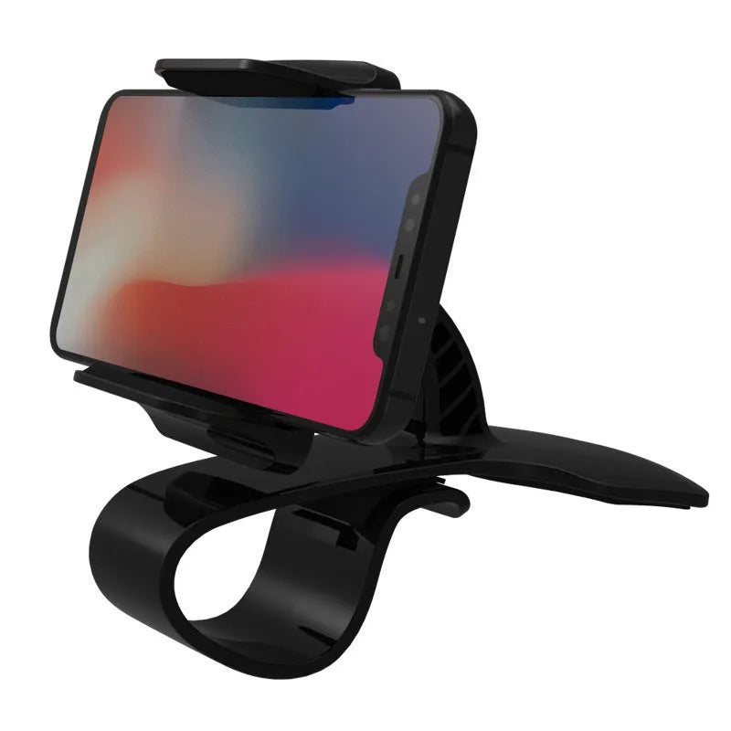 Dashboard car phone holder in black mounted on vehicle dashboard edge