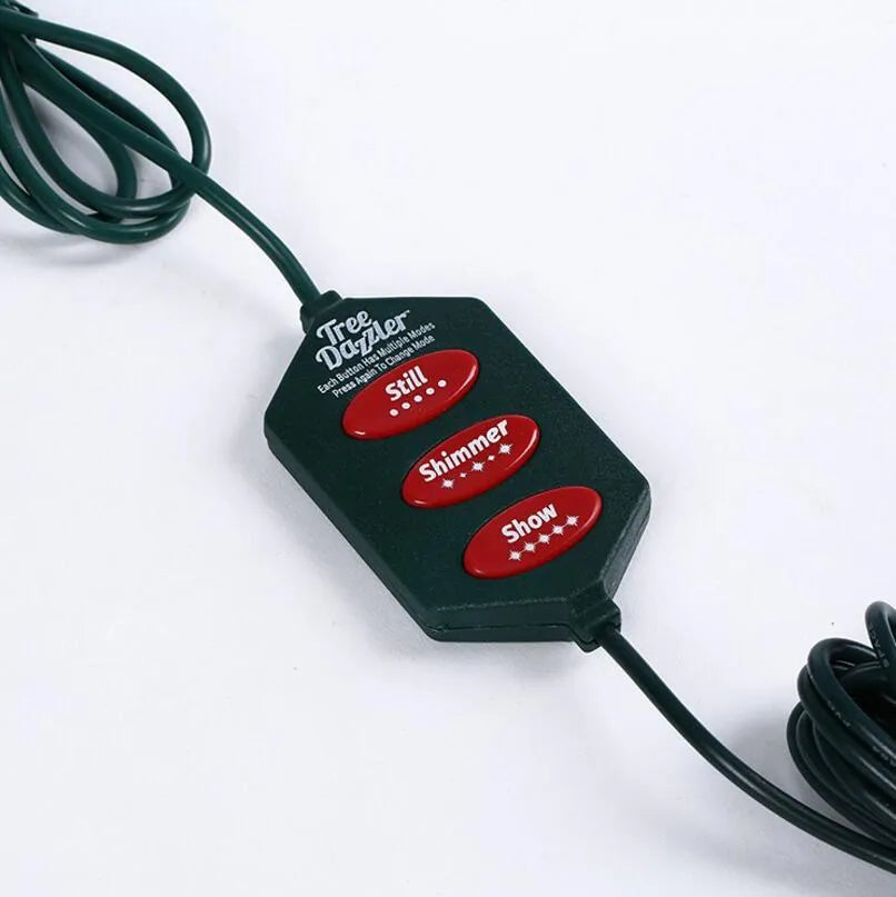 64 LED Christmas tree light string stretched out showing its 1.8 metre length and button control for dimming and colours.