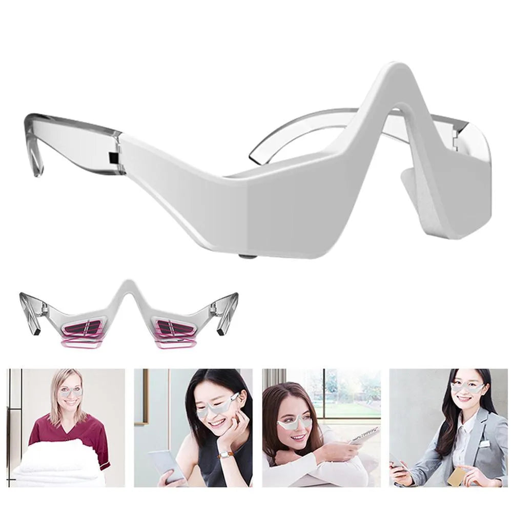 Pink and white micro-current eye massager with glasses-style design