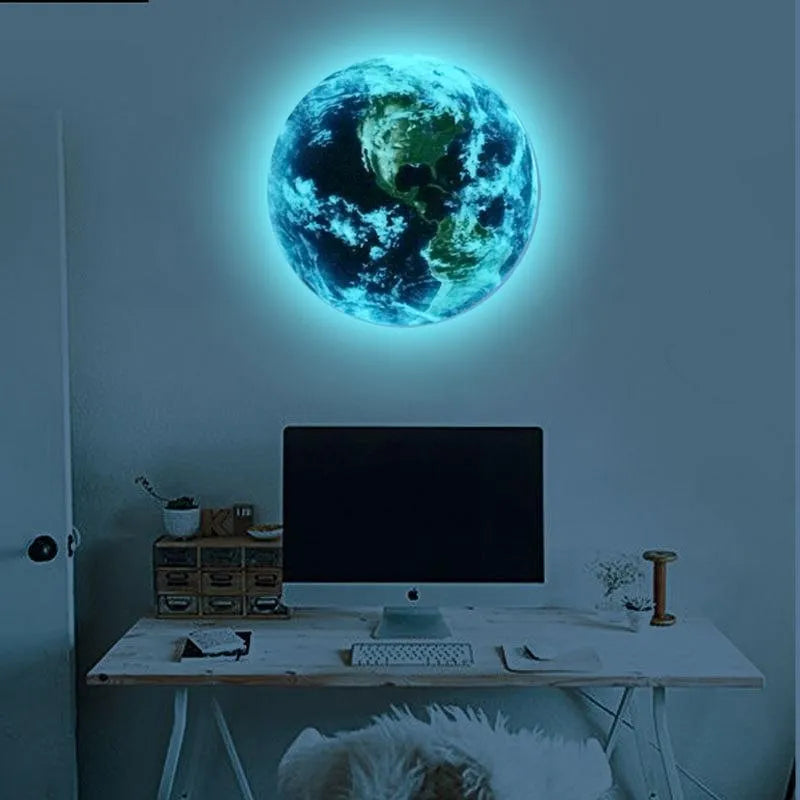 Glow in the dark 3D Earth wall sticker showing luminous planet design in available sizes