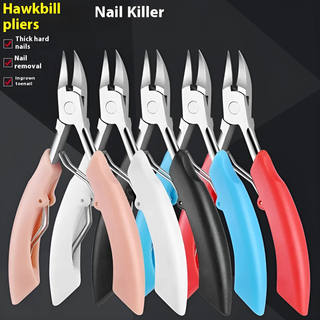 Coloured nail clippers with a visible angled bevel groove on the cutting head.