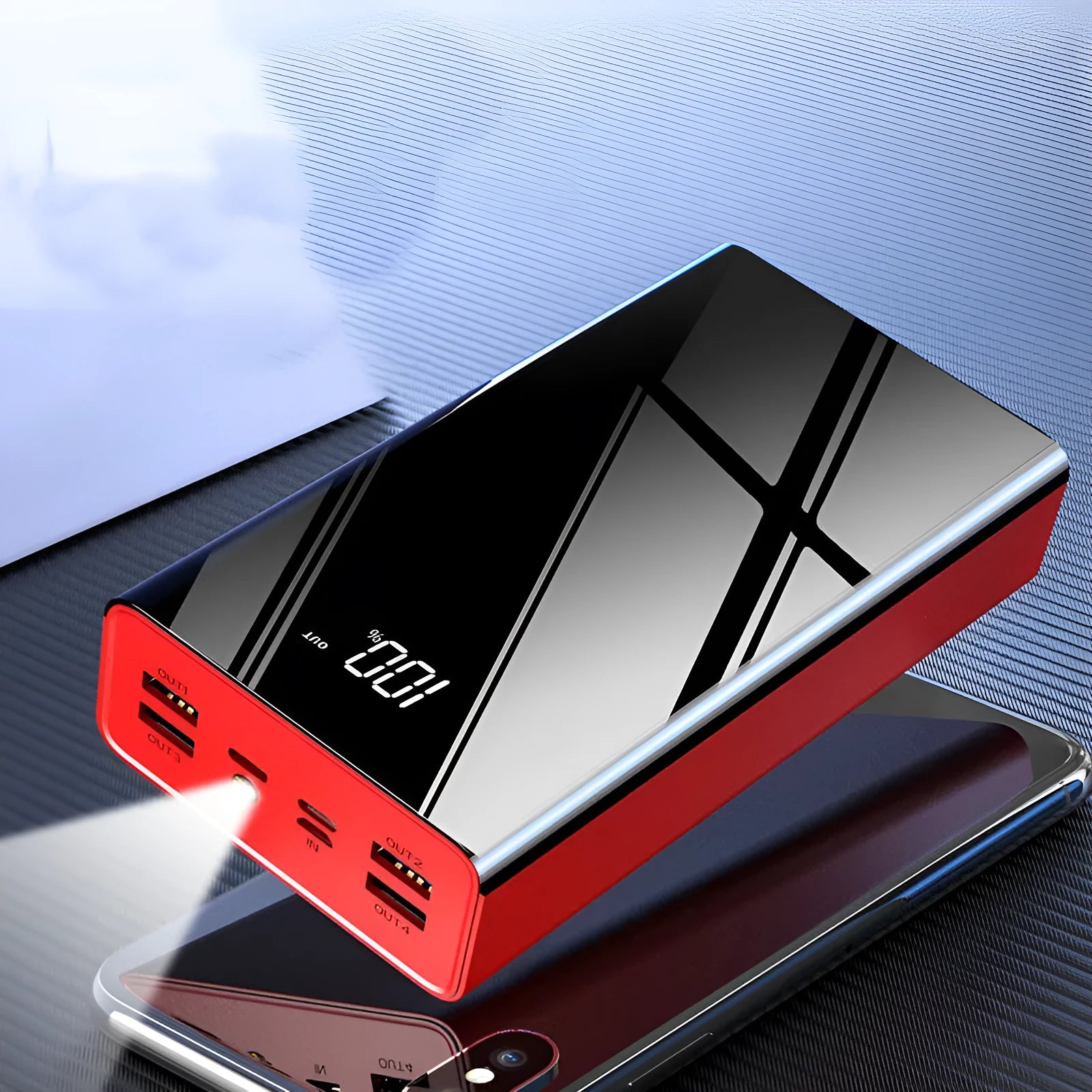 40000mAh power bank with LCD display in red or black plastic casing