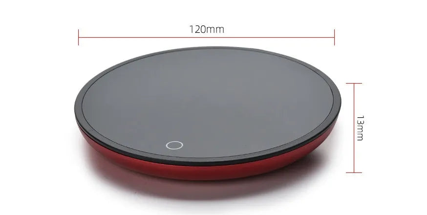 Black electric cup warming pad with tempered glass surface and dual temperature controls