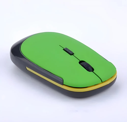2.4G wireless optoelectronic mouse with slim design in black, showing three buttons and USB receiver slot