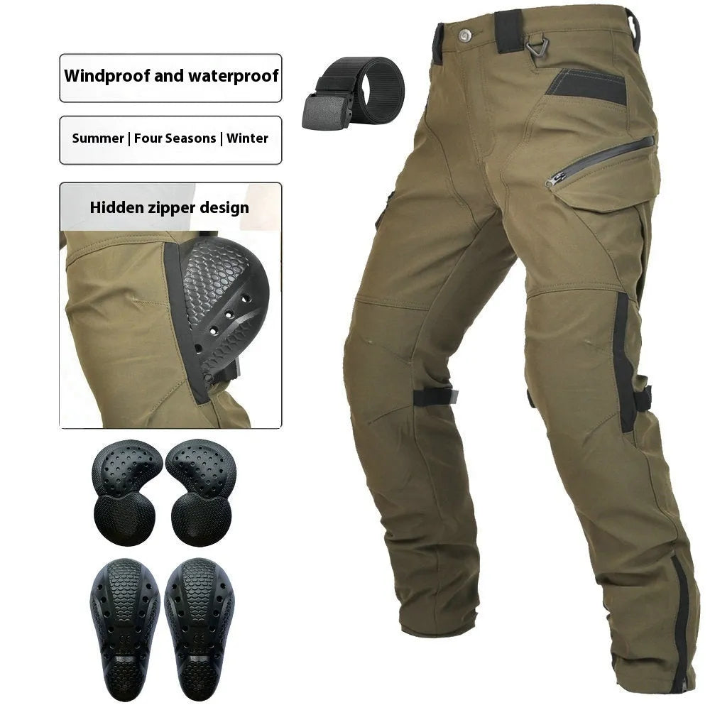 Men's solid colour waterproof windproof motorcycle cycling pants with belt and protective knee pads