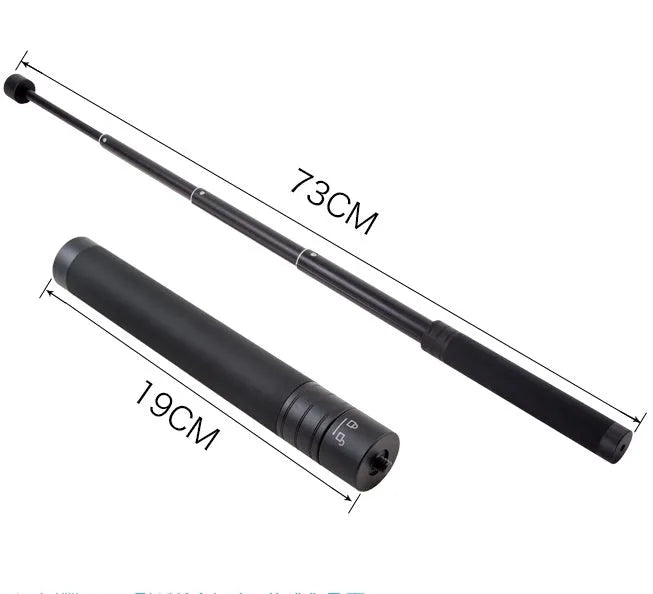 Retractable aluminium selfie stick extended to 1 metre with phone attached and Bluetooth remote in hand