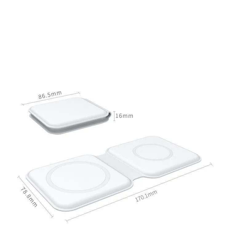 White folding dual magnetic wireless charging dock showing 180-degree angle adjustment.
