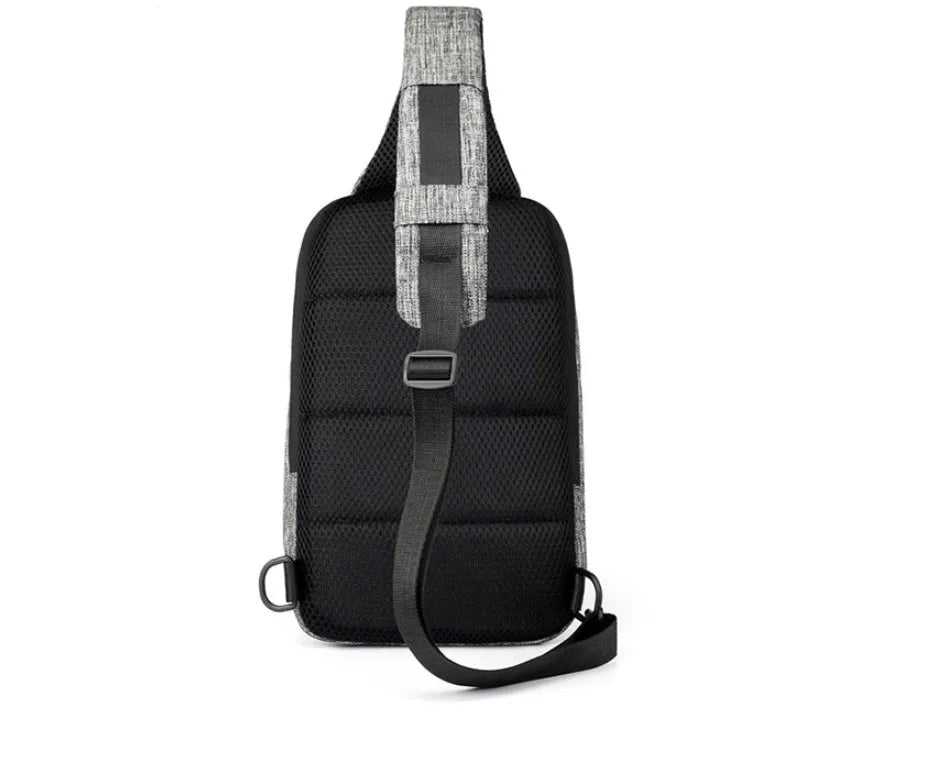 Dark blue Oxford cloth waterproof chest bag with zipper and adjustable strap, showing internal mobile phone pouch.