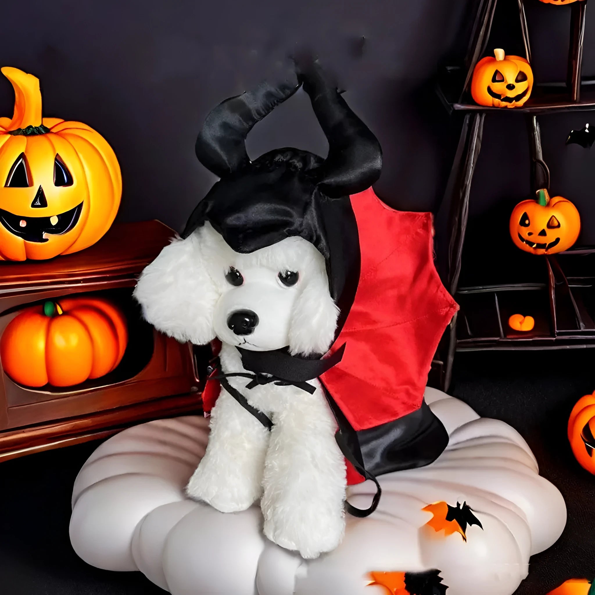 Halloween pet bat devil costume with red cloak and matching pointed hat for dogs or cats