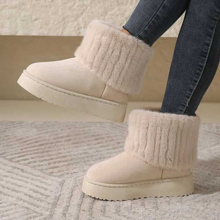 Thick-soled plush snow boots for women with synthetic leather upper and round toe, mid-tube design, in beige