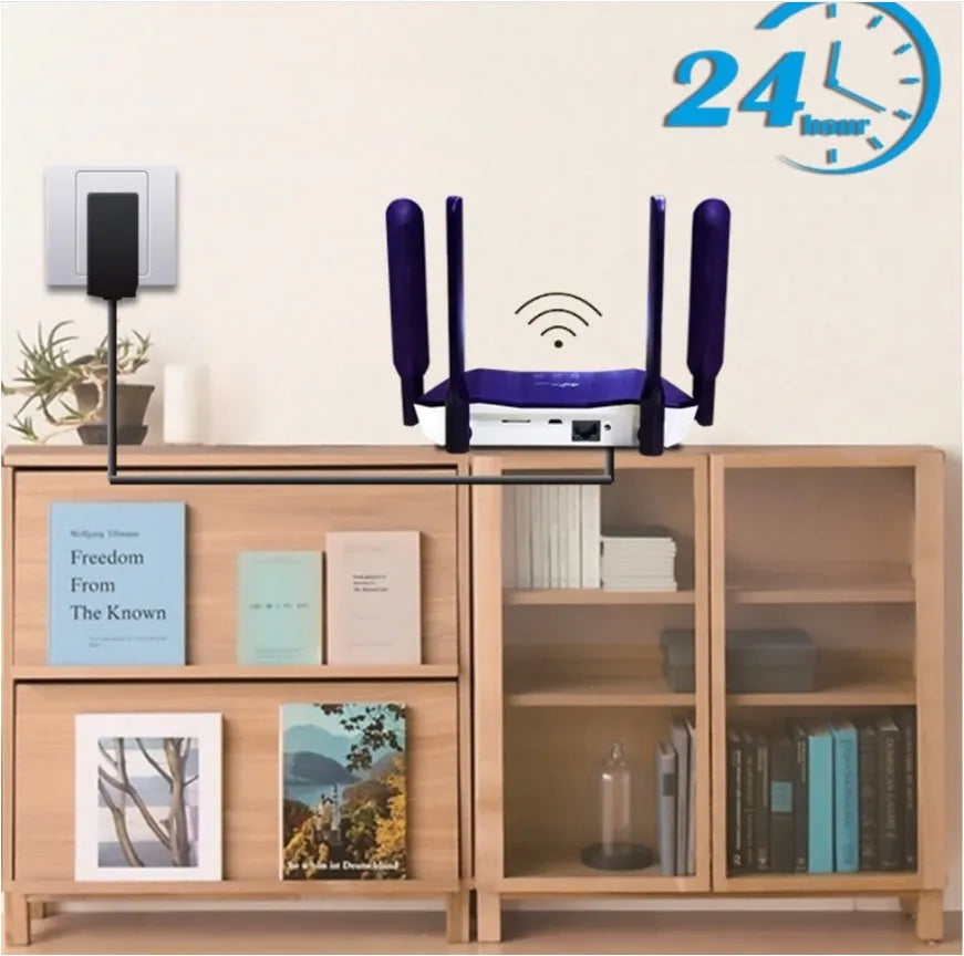 Blue 4G all-netcom dual-mode router with four antennas on a desk.