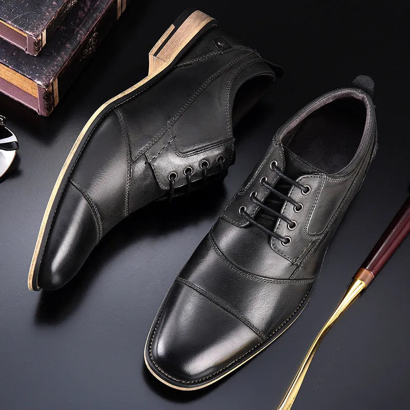 Men's leather lace-up casual shoes black cowhide upper rubber sole side view