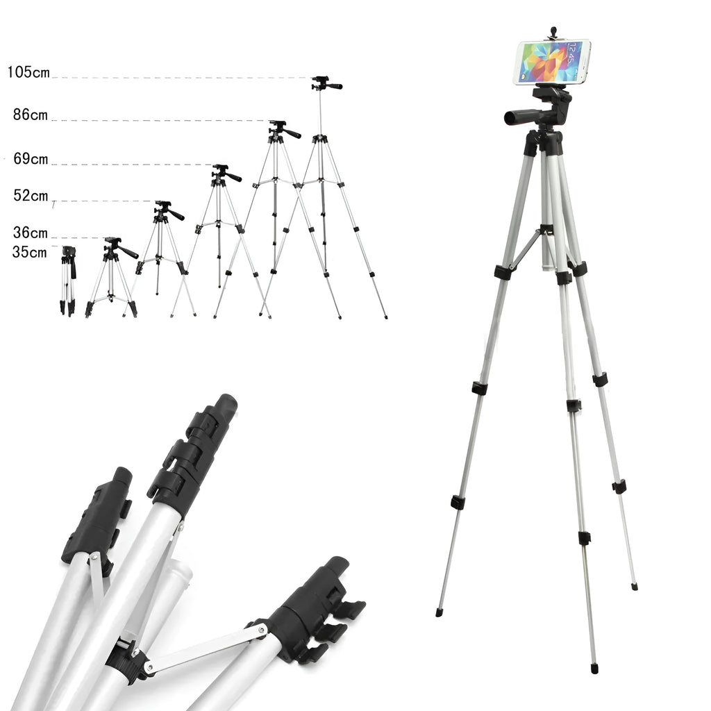 White aluminium alloy compact portable camera tripod with 4-section legs and PTZ set, folded for travel
