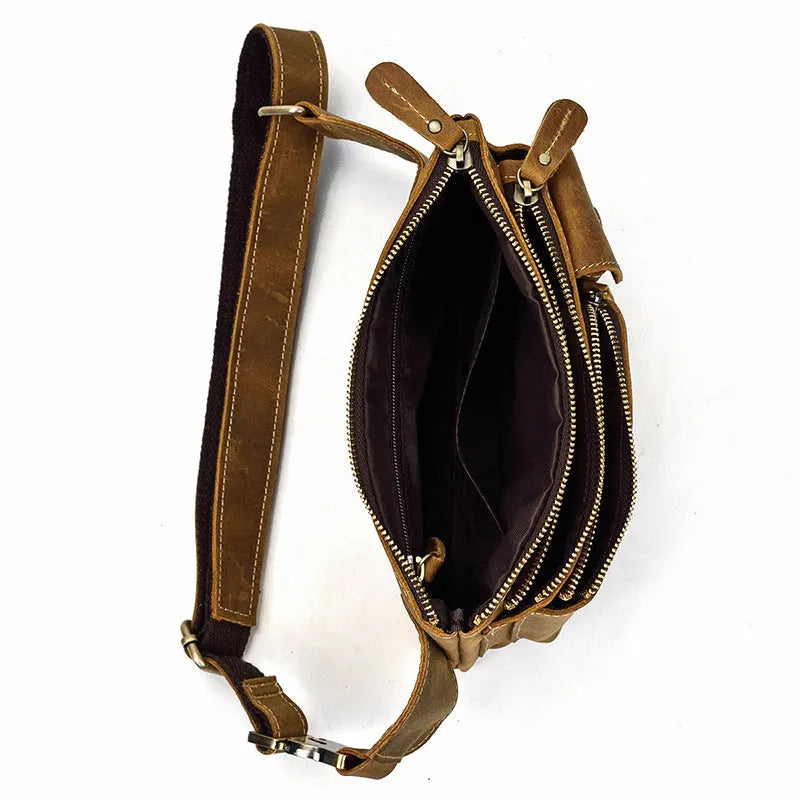 Men's first layer cowhide leather waist bag crossbody bag 24cm in dark brown with multiple zippered compartments