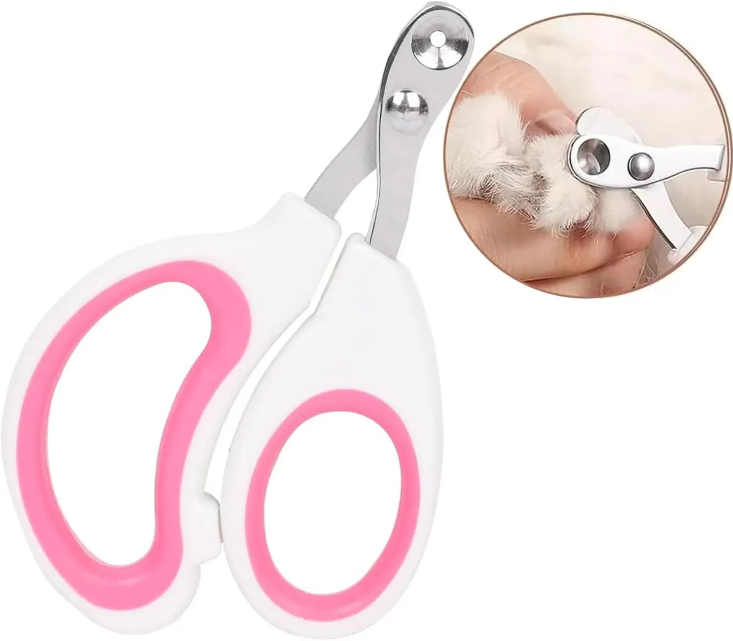 Blue pet nail clippers with a circular cutting hole and cushioned non-slip handles.