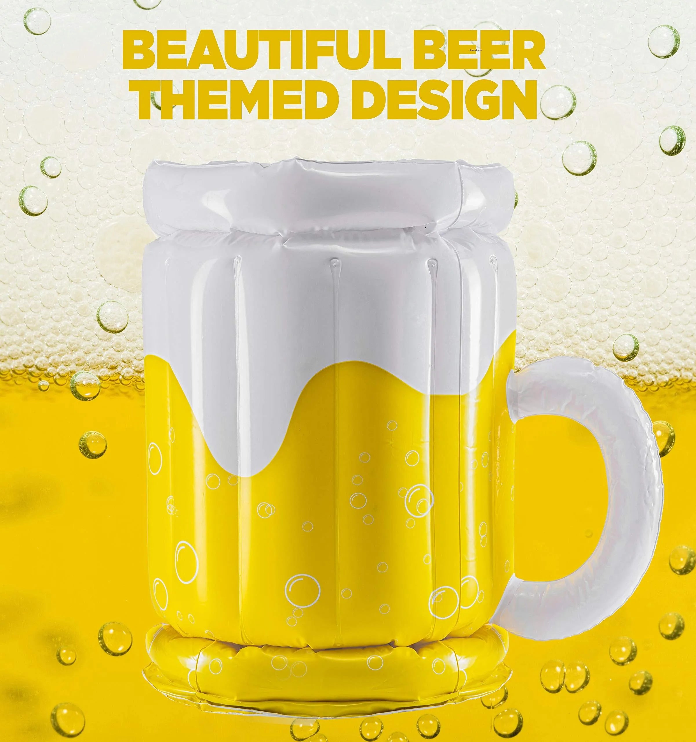 Large yellow inflatable beer mug drink cooler floating in a swimming pool.