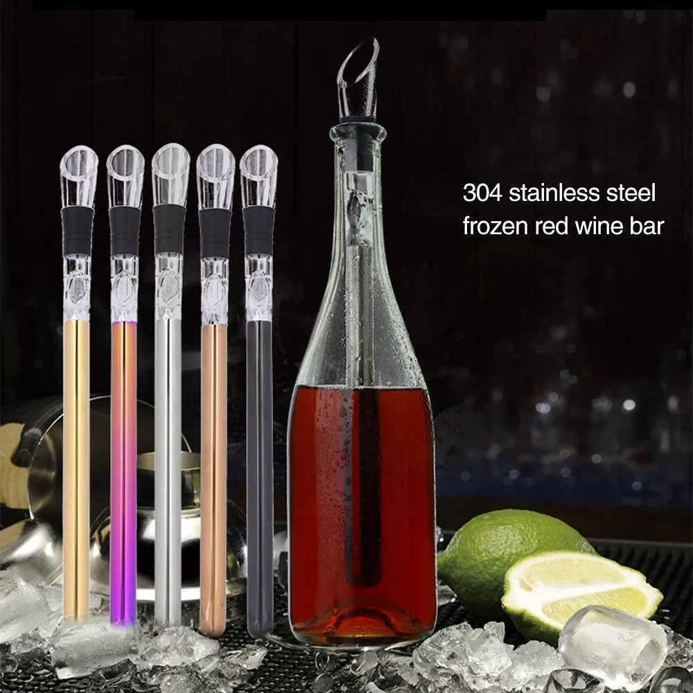 Stainless steel wine chilling rod with acrylic pourer, shown next to a wine bottle.