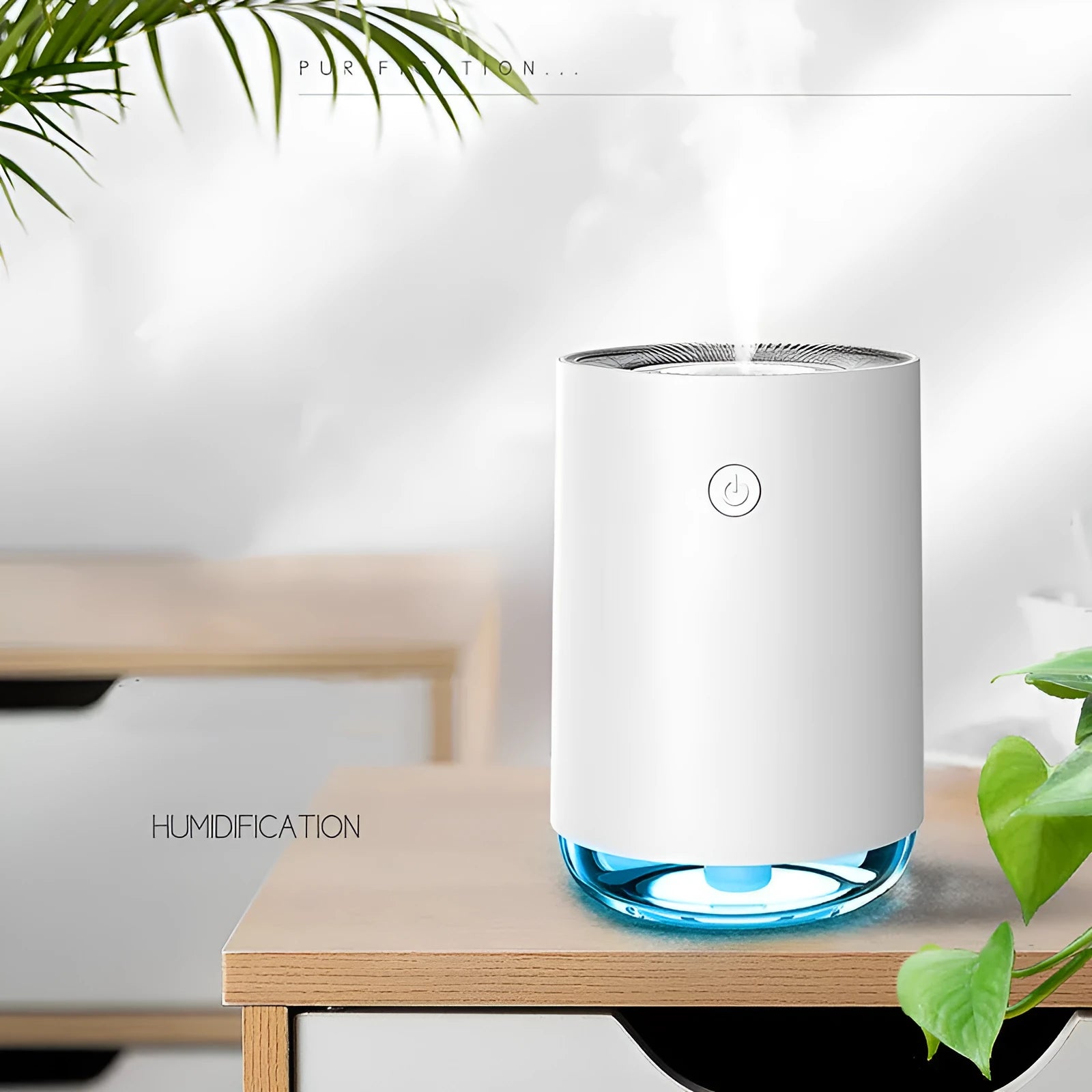 Green, pink, and white USB-powered humidifier diffuser with night light function on a wooden table.