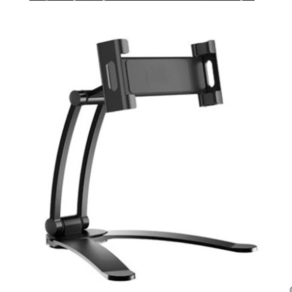 Silver and black aluminium alloy desktop tablet stand with adjustable arm and dual clamps.
