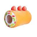Yellow cake roll plush cat toy 40cm long on plain background