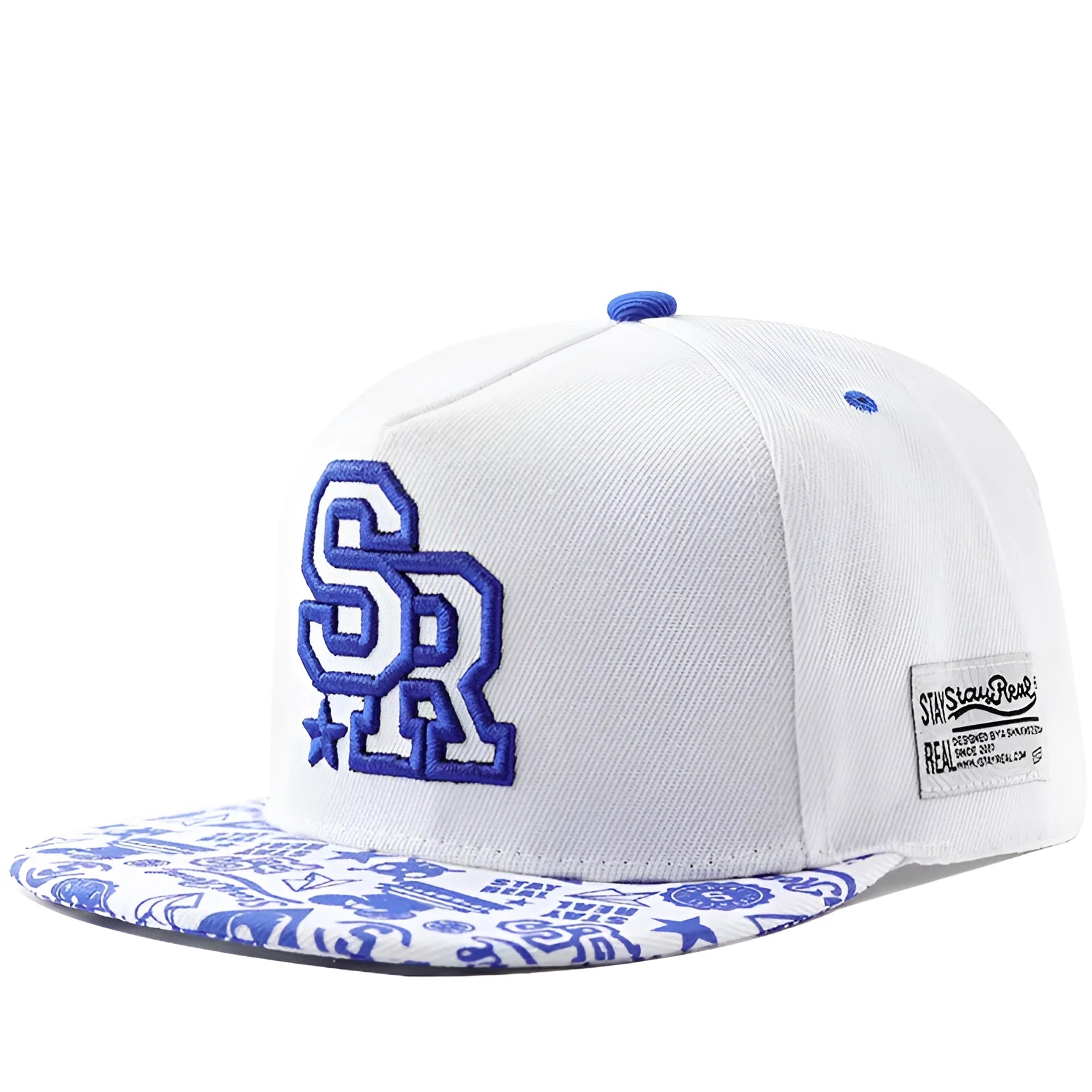 Black cotton baseball cap with white letter embroidery on the front, showing adjustable strap.