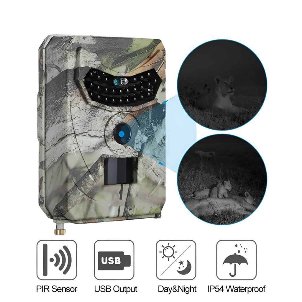 Camouflage JPEG trail wildlife camera with 20MP resolution and infrared night vision LEDs