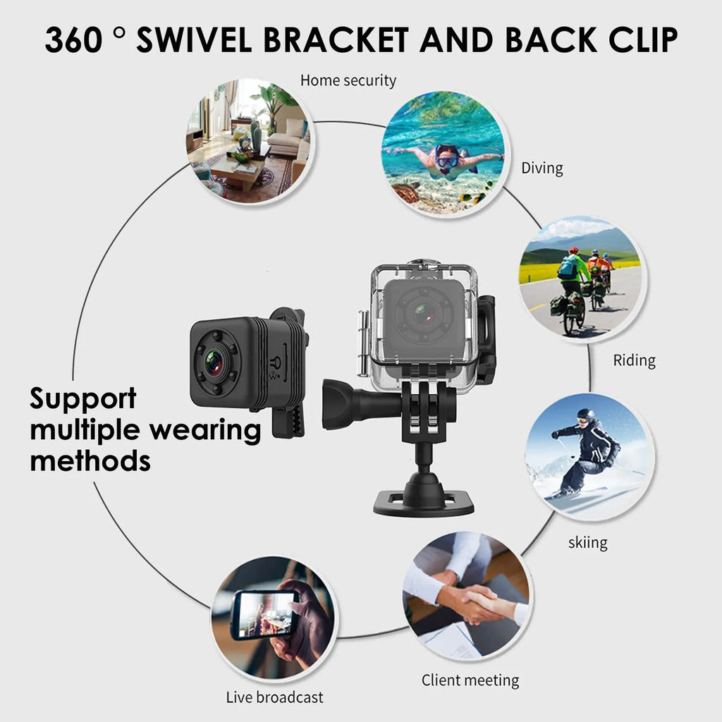 SQ29 black waterproof sports camera with 300mAh battery and MicroUSB port