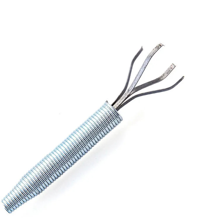 Black flexible sewer dredger spring drain cleaning tool with a textured grip on a white background.