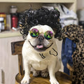 Adjustable pet wig headdress sheath in nylon fibre for 30-60cm head sizes, shown in Afro style