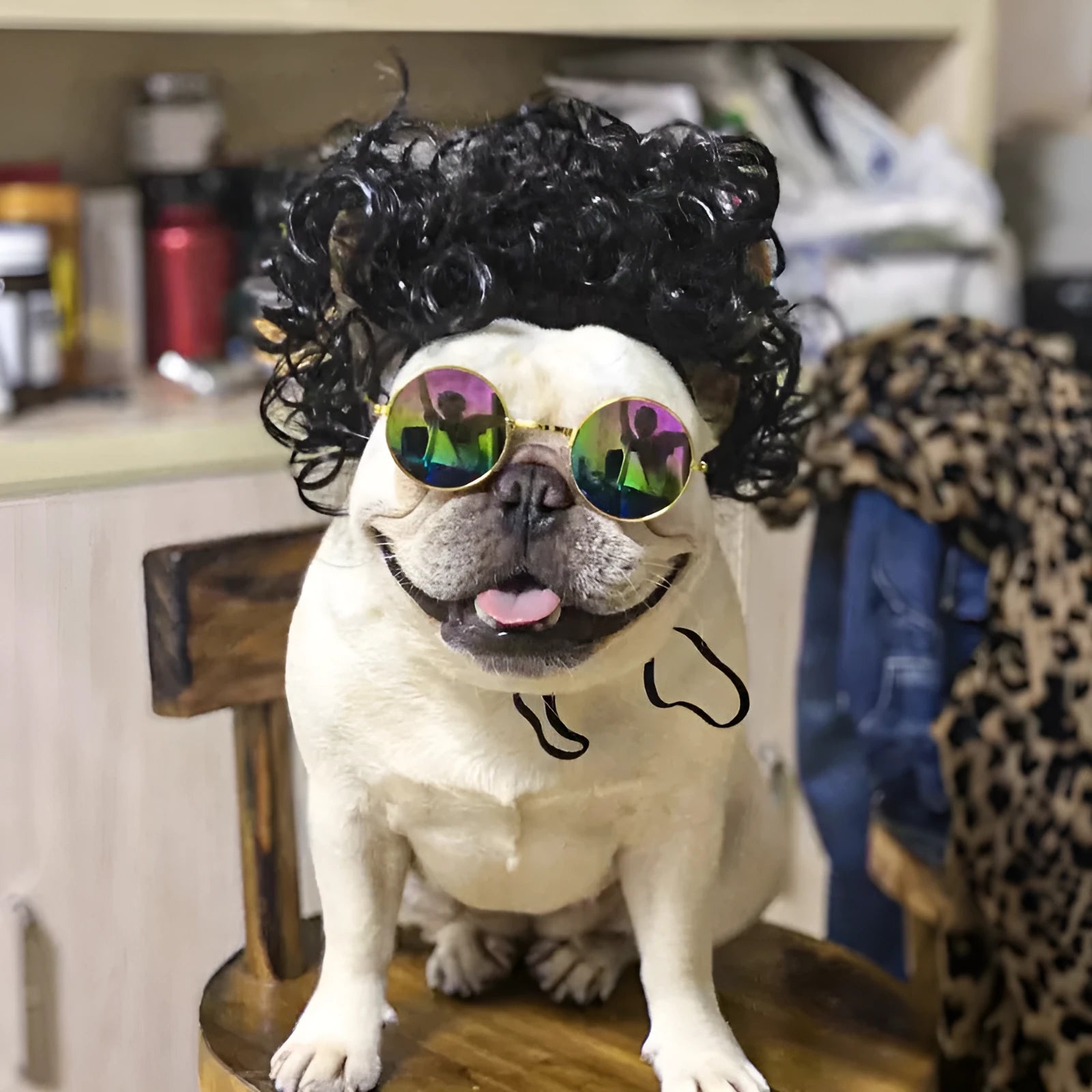 Adjustable pet wig headdress sheath in nylon fibre for 30-60cm head sizes, shown in Afro style