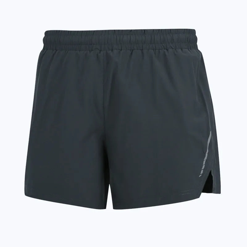 Men's grey straight-leg quick-dry running shorts for marathon training.