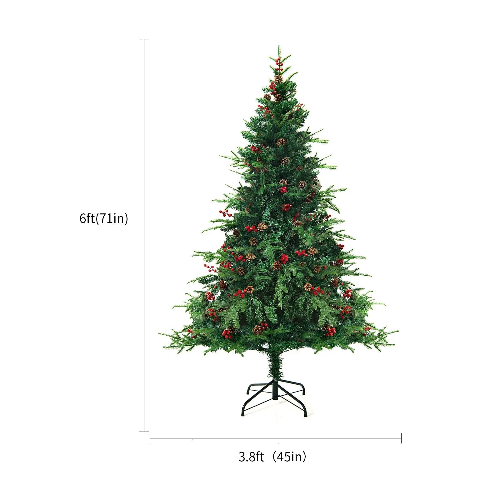 PVC artificial snow-covered Christmas tree on a metal stand, shown in green and white colour.