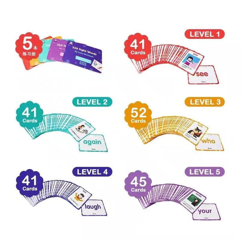 Set of 220 high-frequency word learning cards and five workbooks for early childhood education