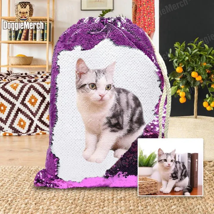 Custom purple sequins backpack with pet photo print and drawstring opening