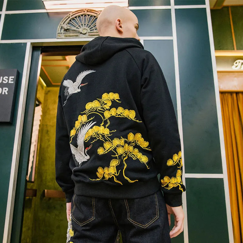 Chinese style men's black cotton hooded sweatshirt with fairy embroidery and animal pattern, loose fit