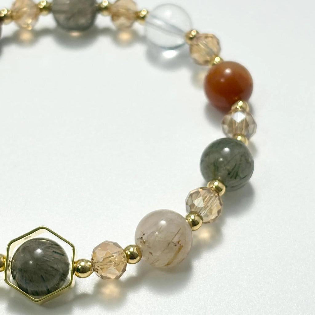Gold-colour citrine crystal bracelet with 8mm beads and symbolic metal ornaments including Ruyi and Fu characters