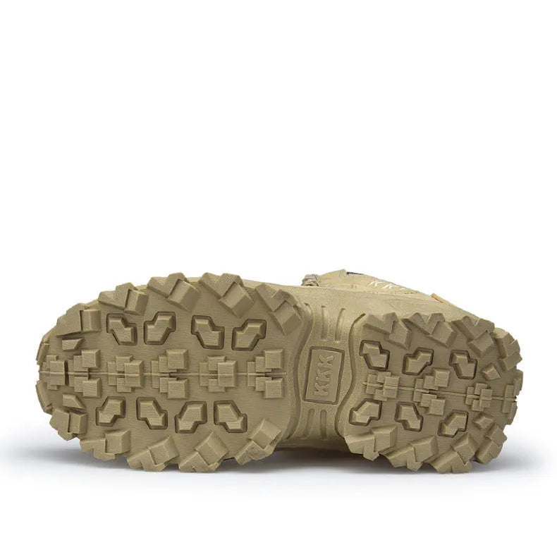 Men's black and sand US Army Delta tactical boots with rubber sole for outdoor sports.
