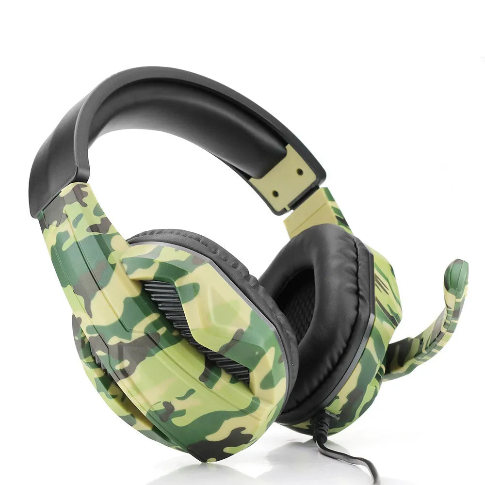 Army green camouflage wired over-ear gaming headset with a black cable and built-in microphone.