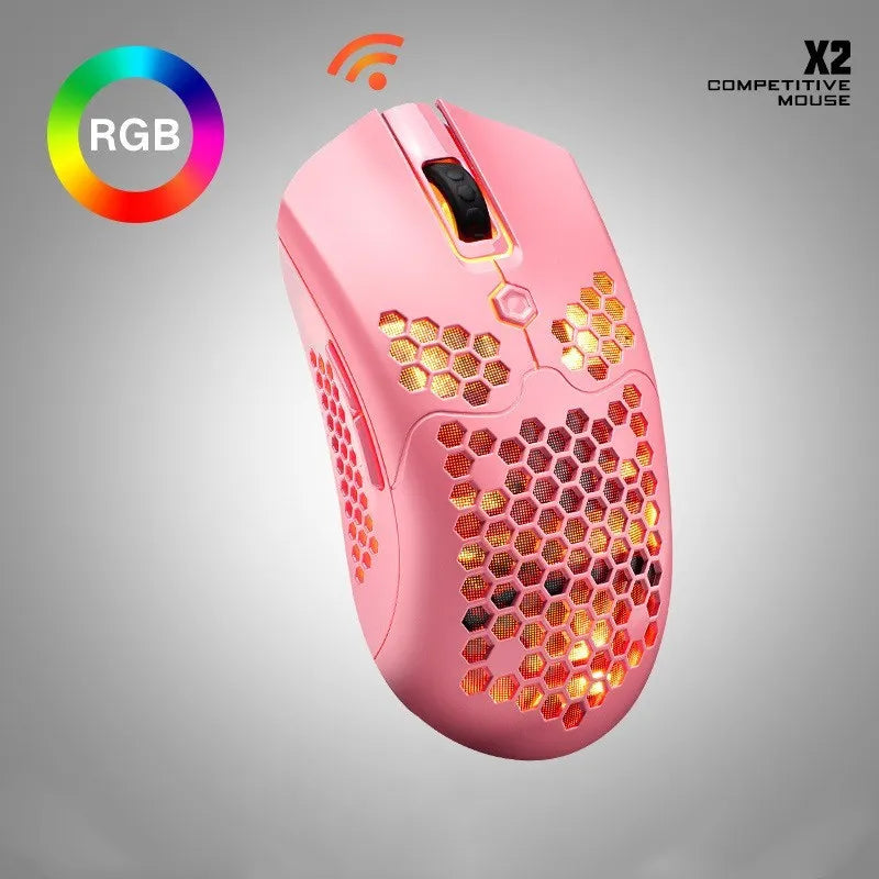 Free Wolf X2 wireless gaming mouse with RGB lighting in multiple colour options on a desk.