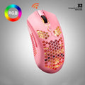Free Wolf X2 wireless gaming mouse with RGB lighting in multiple colour options on a desk.