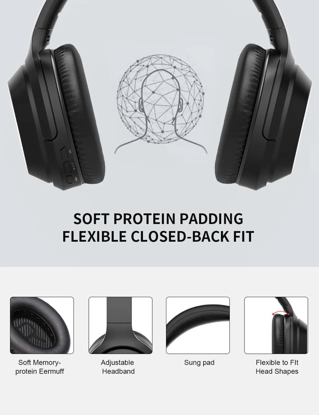 Black Gorsun E98 over-ear Bluetooth headphones with adjustable headband and memory-protein ear cushions