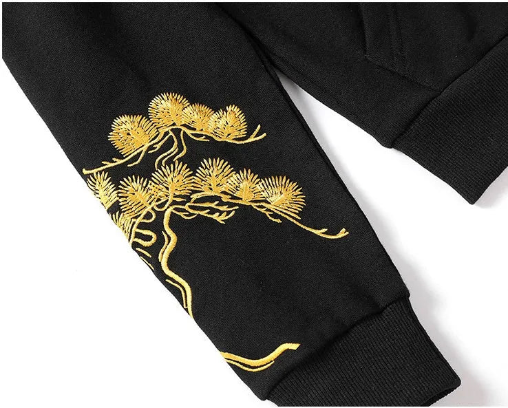 Chinese style men's black cotton hooded sweatshirt with fairy embroidery and animal pattern, loose fit