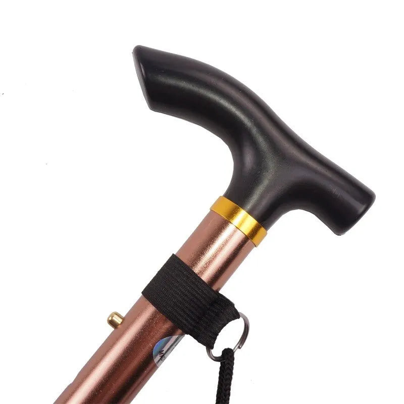 Aluminium folding walking stick extended to show adjustable height with rubber handle